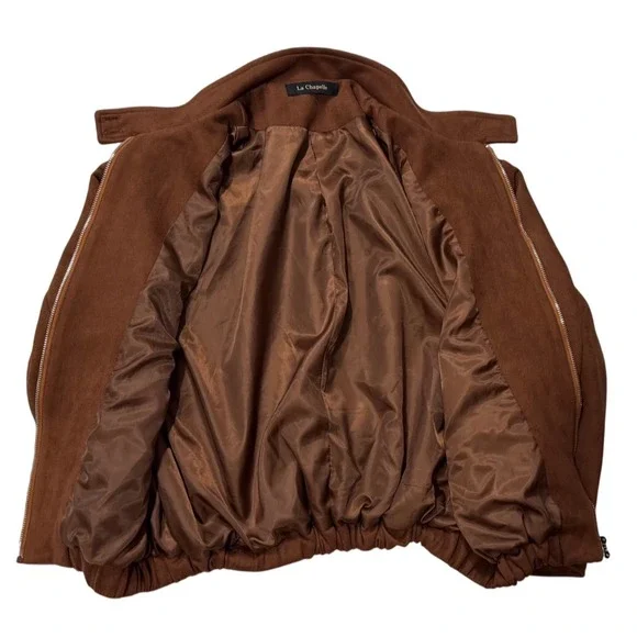 La Chapelle Brown Suede Bomber Jacket Full Zip‎ Collar Ribbed Waist Women - S/M - Picture 3 of 7